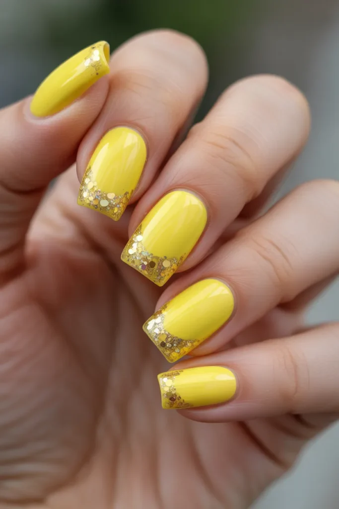Lemon Yellow Square Nails with Glitter Gradient