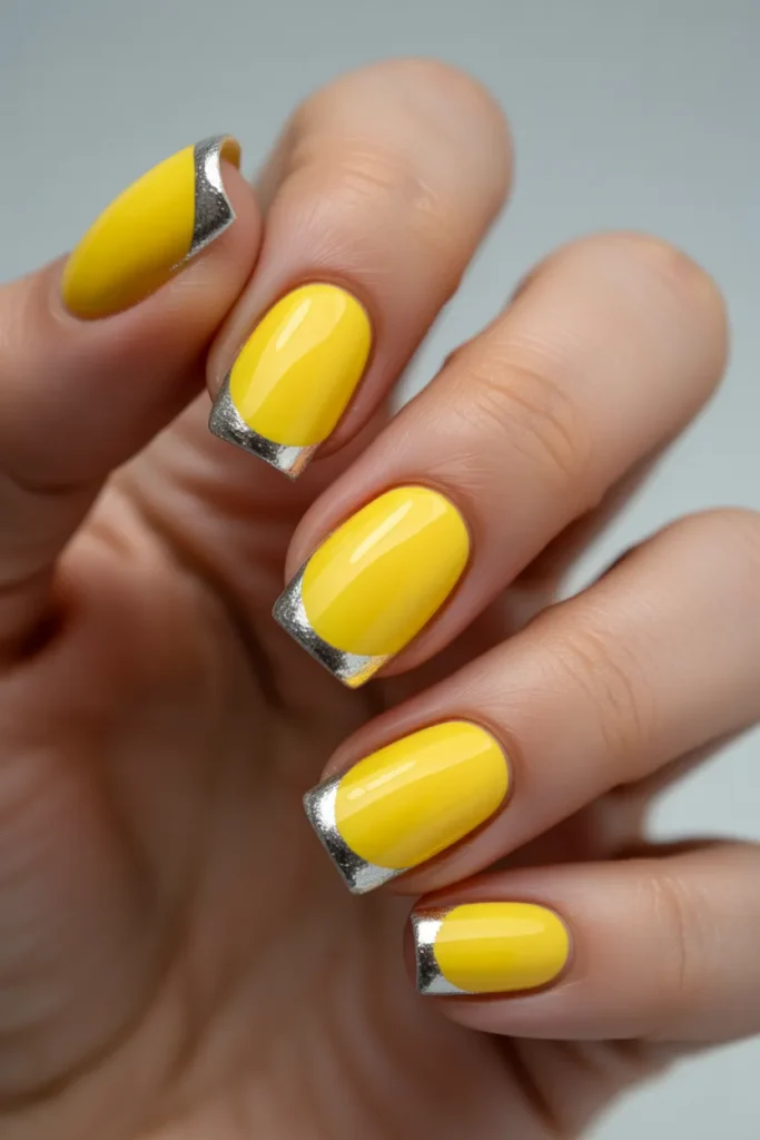 Lemon Yellow Square Nails with Silver Foil Tips