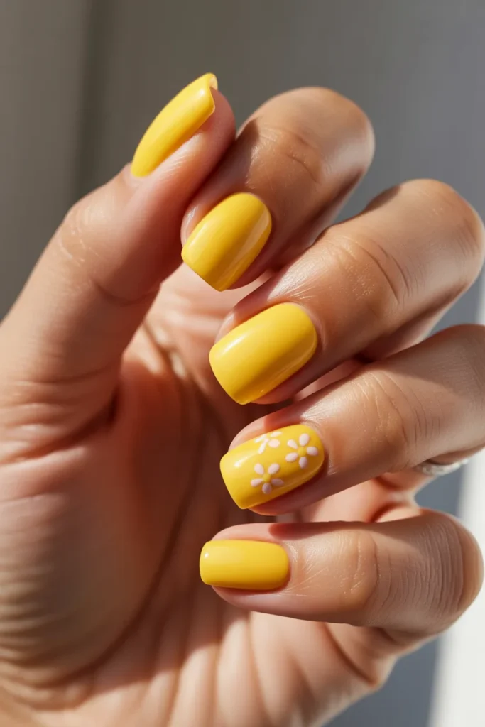 Lemon Yellow Square Nails with Tiny Floral Accents