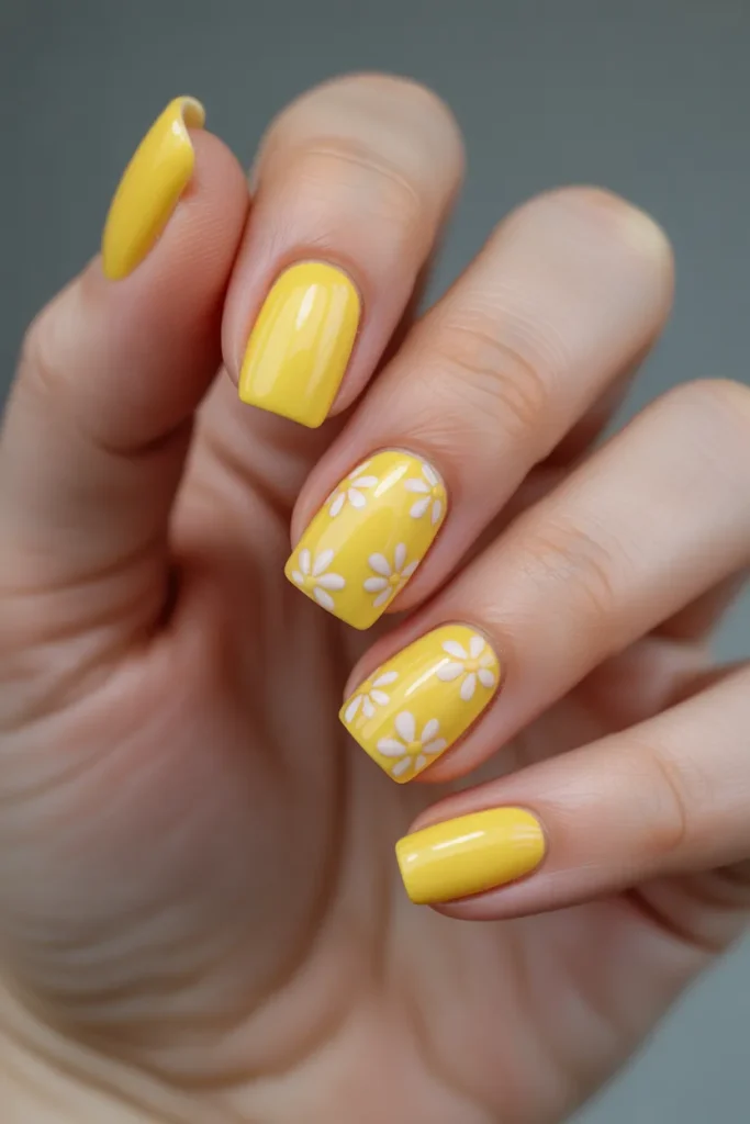 Lemon Yellow Square Nails with Tiny Floral Designs