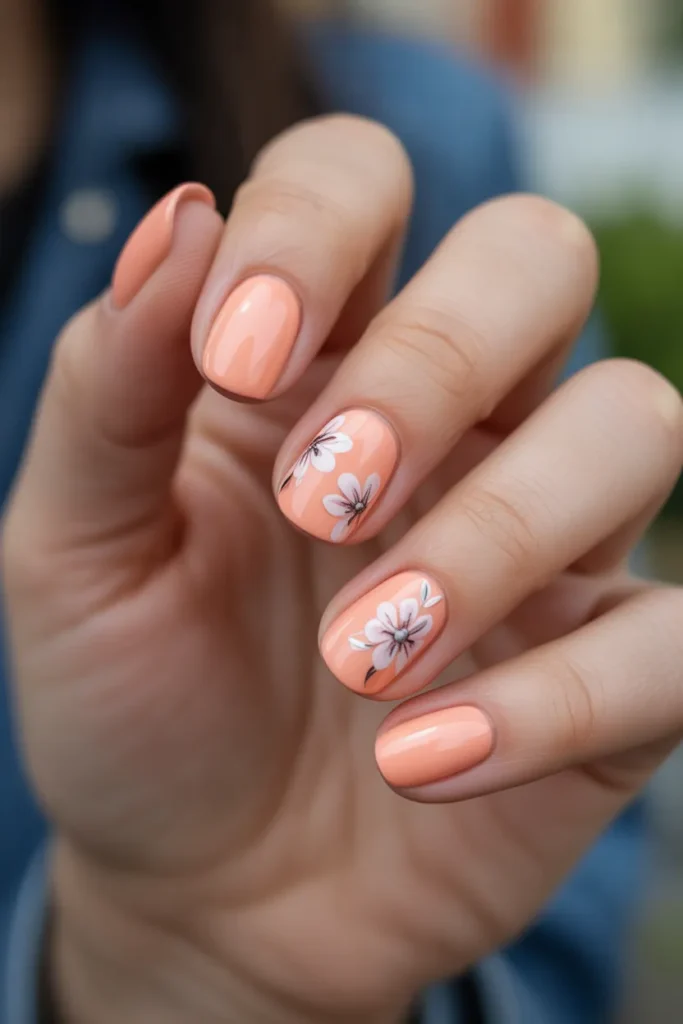 Light Peach Nails with Tiny Floral Accents