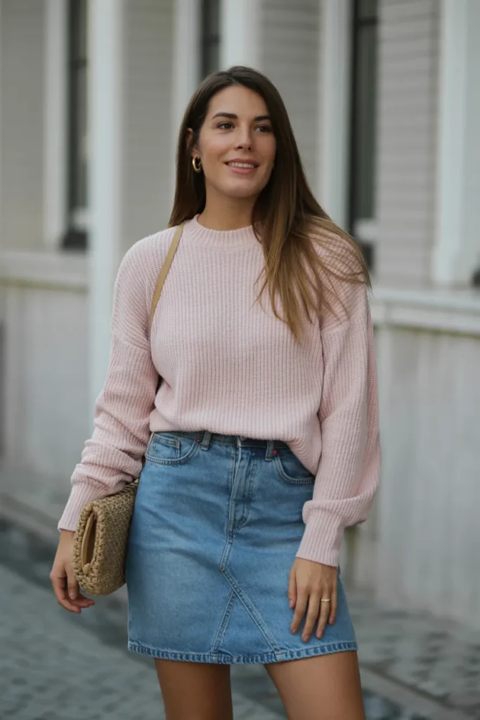 Lightweight Sweater with Denim Skirt