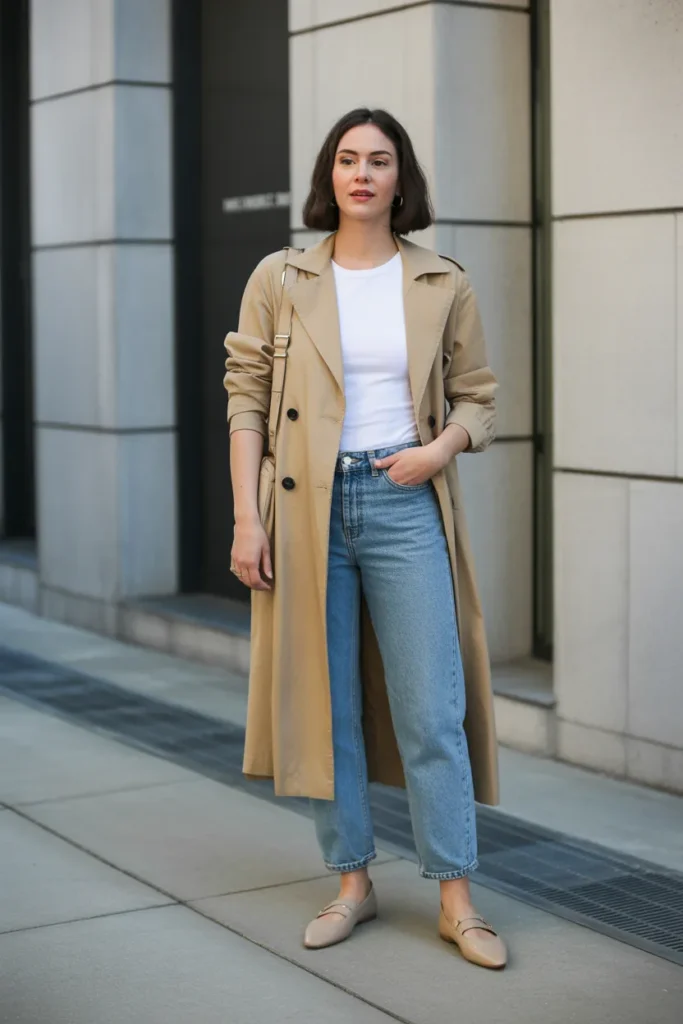 Lightweight Trench Coat with Tee and Jeans