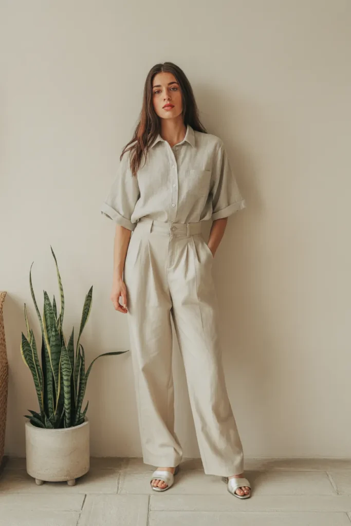 Linen Blouse with High-Waist Trousers