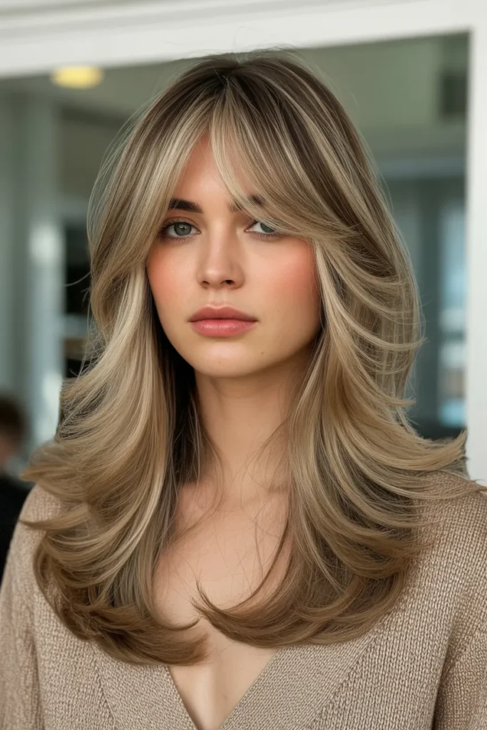 Long Hair with Butterfly Layers and Curtain Bangs