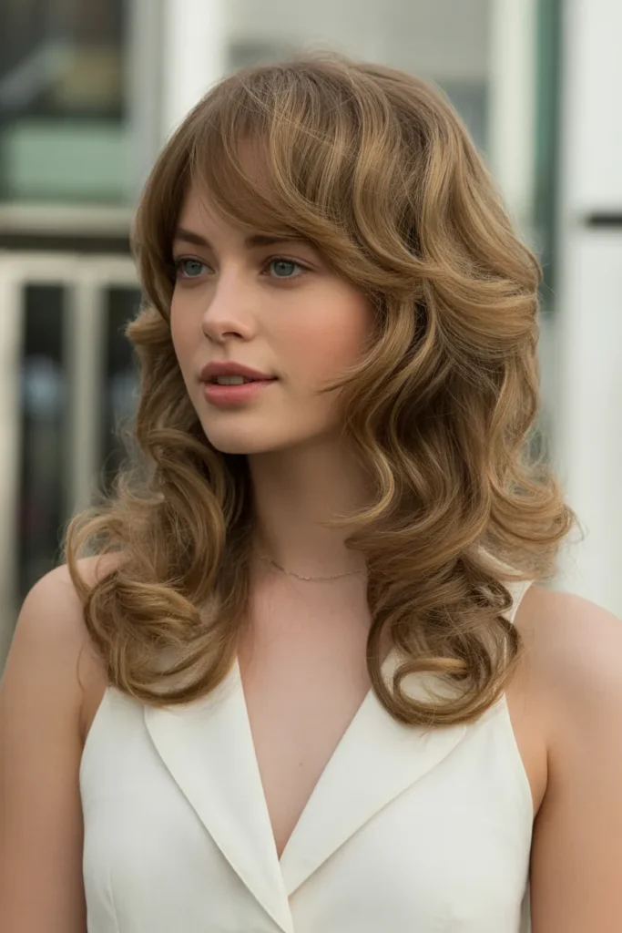 Long Hair with Layered Curls and Side Bangs