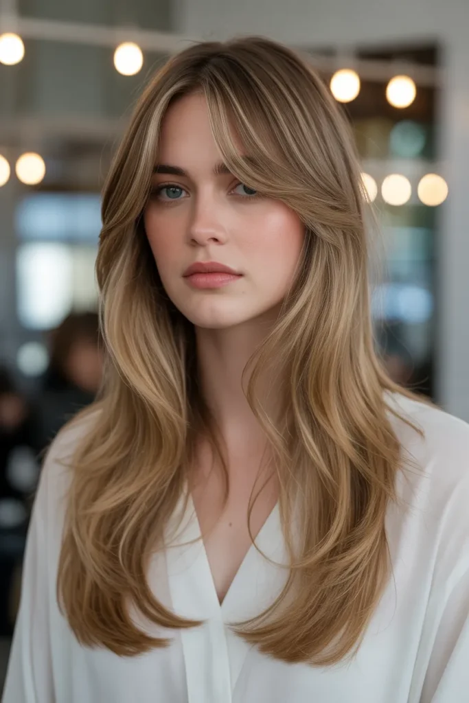 Long Hair with Soft V-Cut Layers and Side Bangs