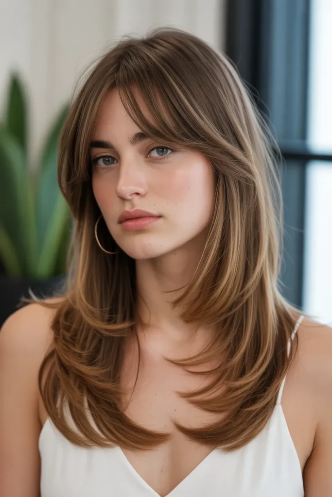 Long Layered Cut with Side Part and Bangs