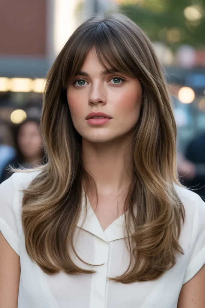 Long Layered Hair with Bottleneck Bangs