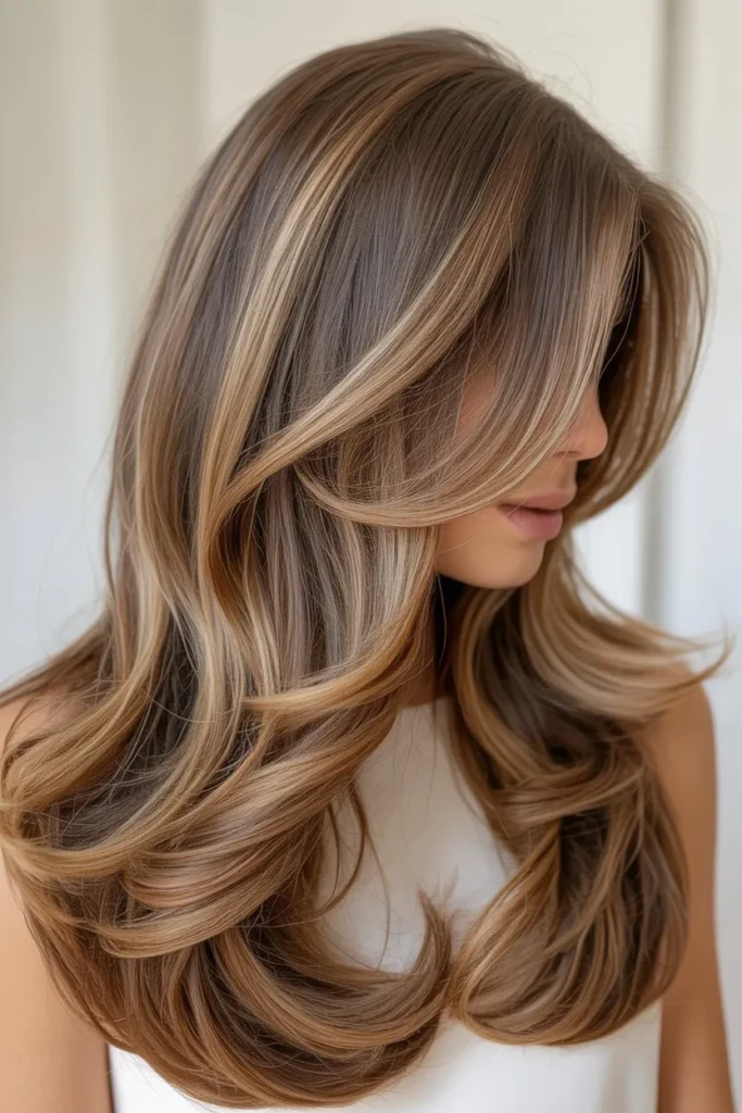 Long Layered Hair with Loose Waves and Highlights