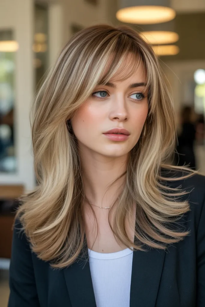 Long Layered Hair with Side-Swept Bangs