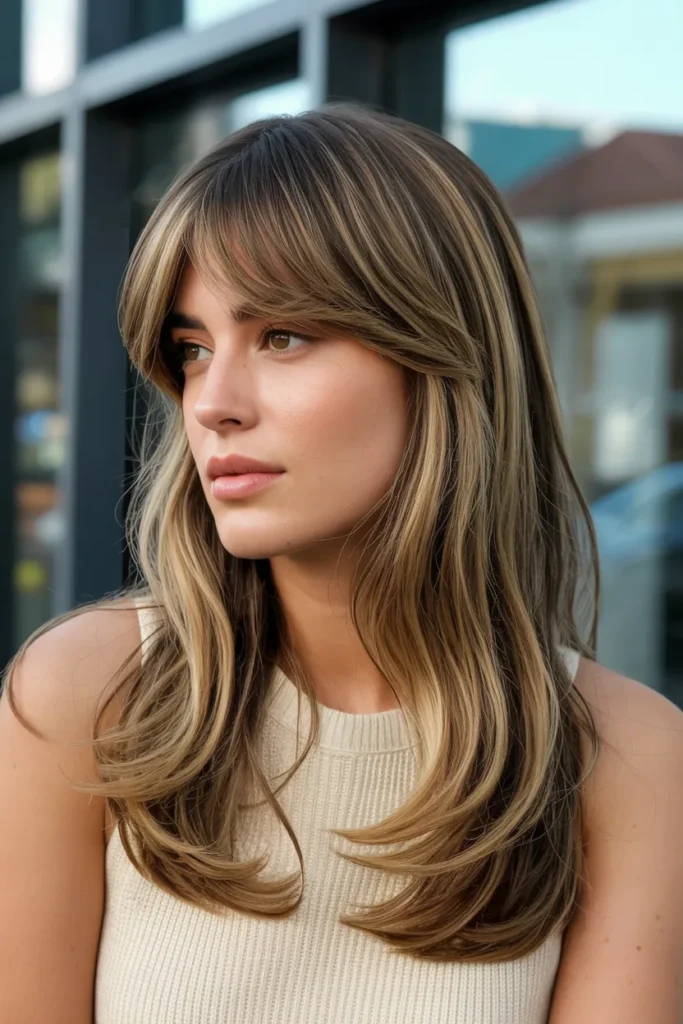 Long Layered Hair with Side-Swept Bangs
