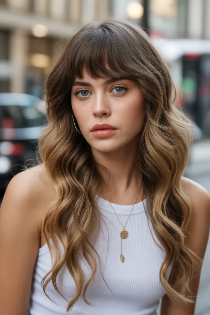 Long Wavy Hair with Blunt Bangs
