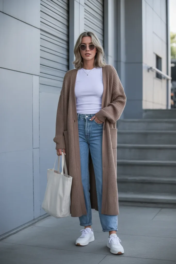 Longline Cardigan with Basic Tee and Jeans