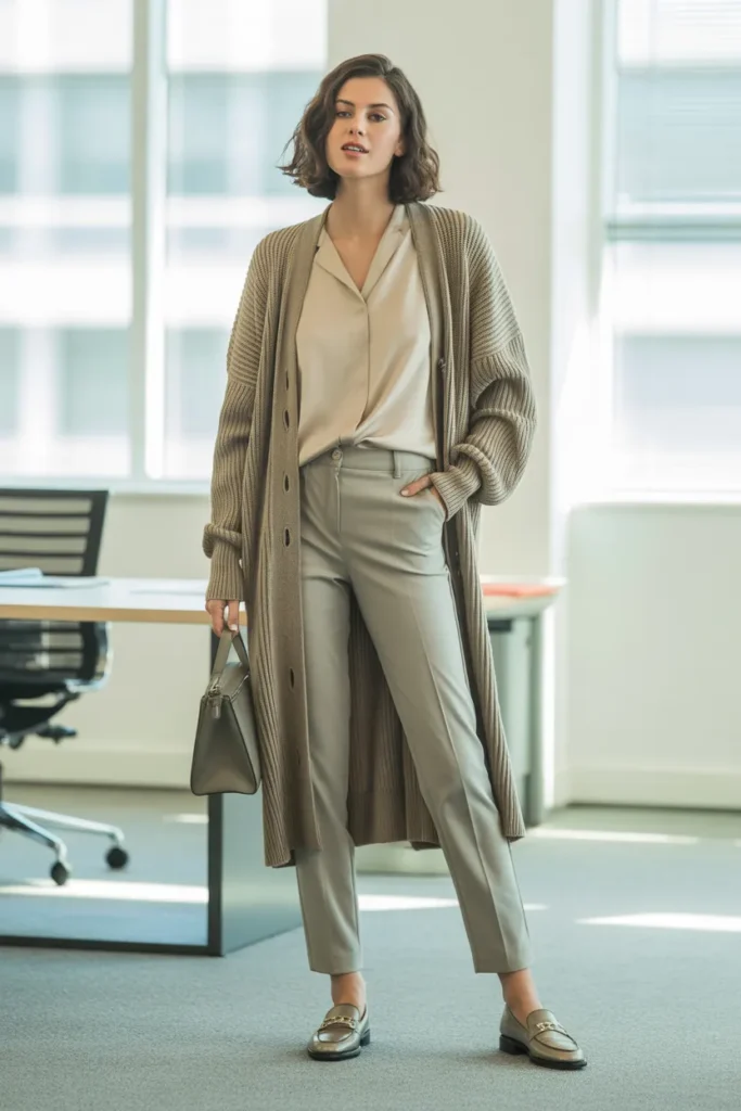 Longline Cardigan with Blouse and Slim Pants