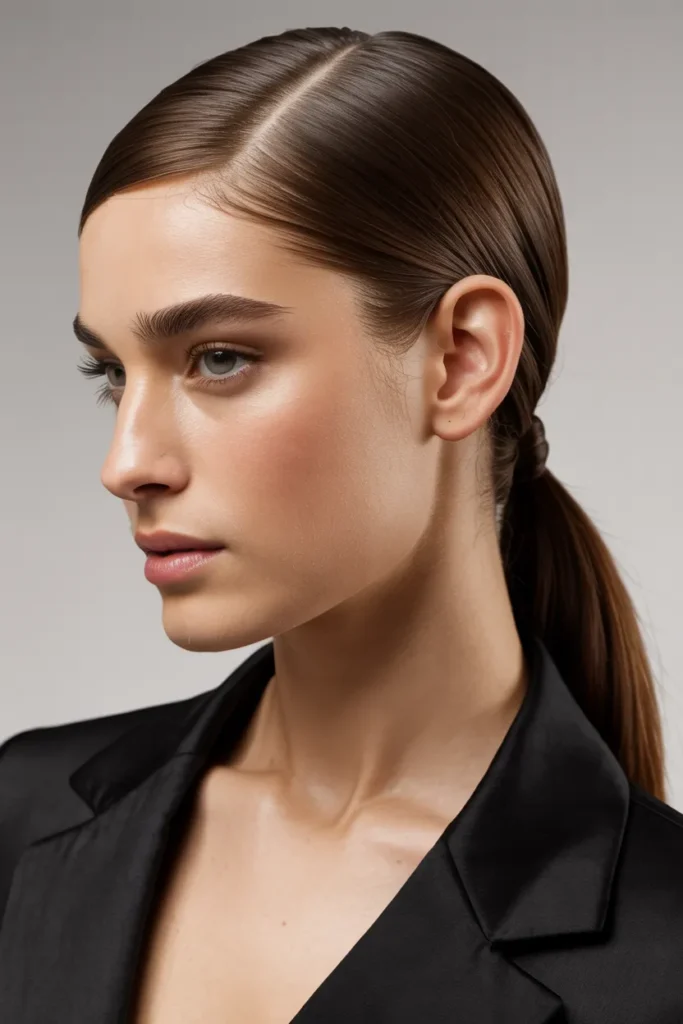 Low Sleek Ponytail with Side Part