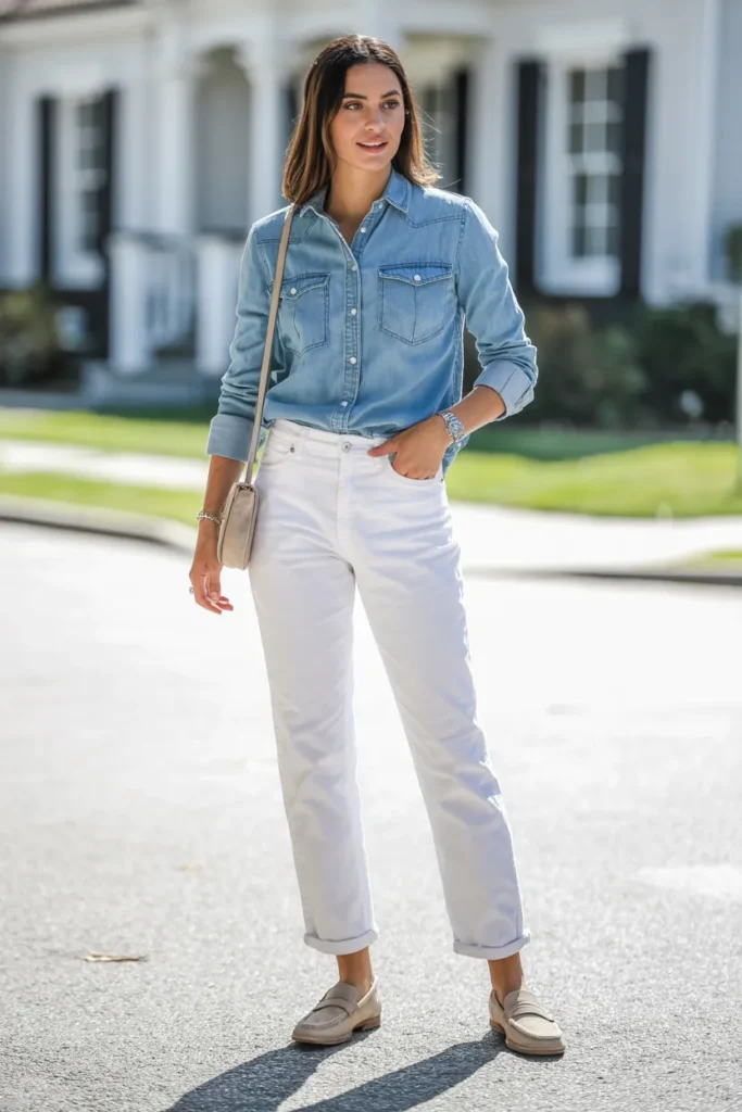 Matching Denim Shirt and White Pants