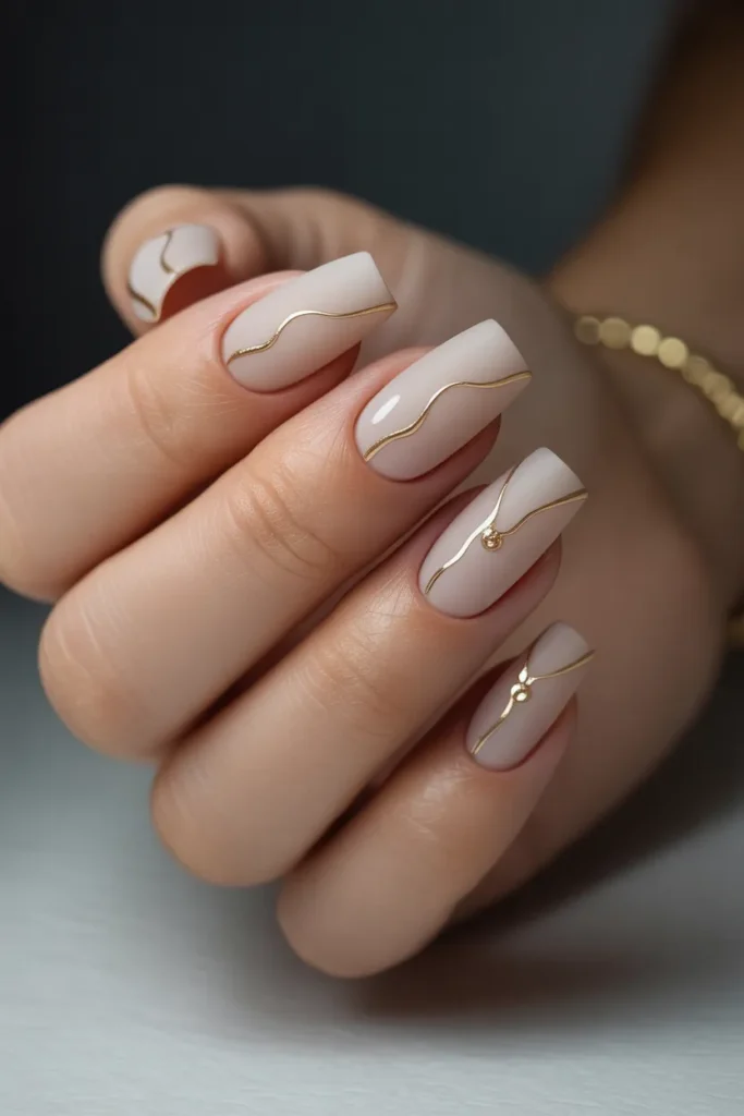Matte Beige Acrylic Nails with Gold Accents