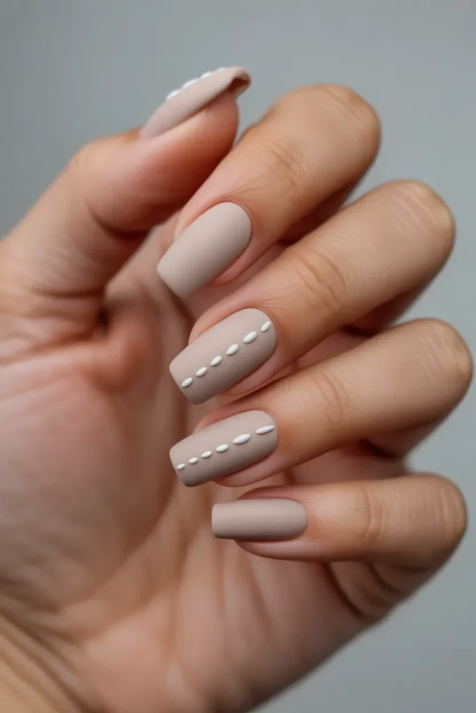 Matte Beige Acrylic Nails with Minimal White Dashes