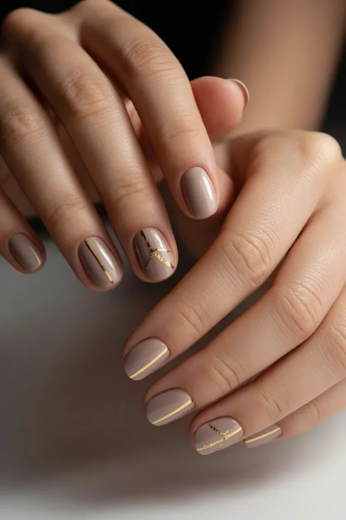 Matte Beige Nails with Minimal Gold Accent