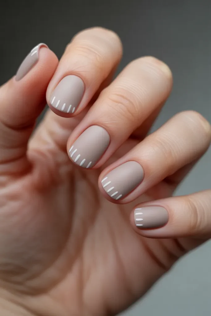 Matte Beige Nails with Minimal White Dashes