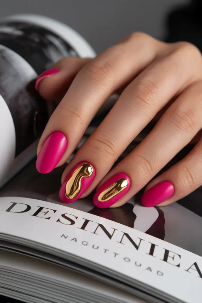 Matte Fuchsia with "Liquid Gold" Abstract Swirls