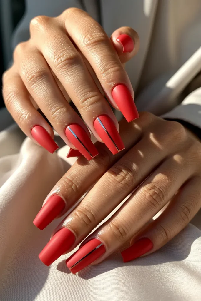 Matte Red Nails with Glossy Accents