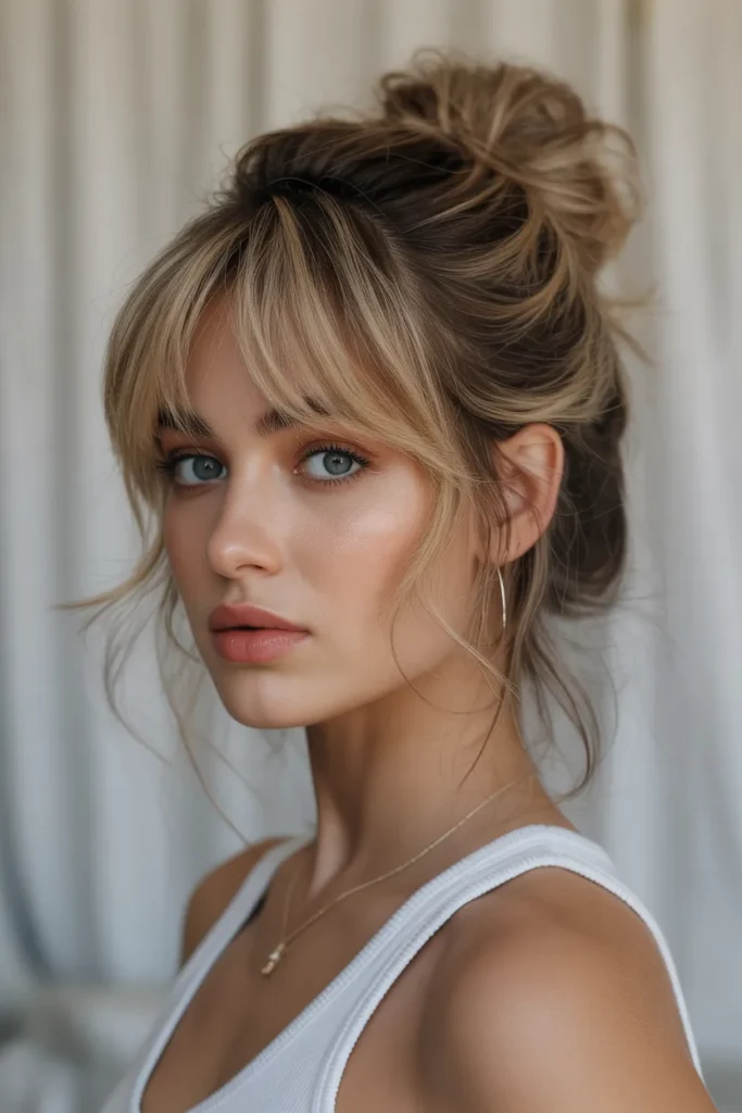 Messy Bun with Curtain Bangs