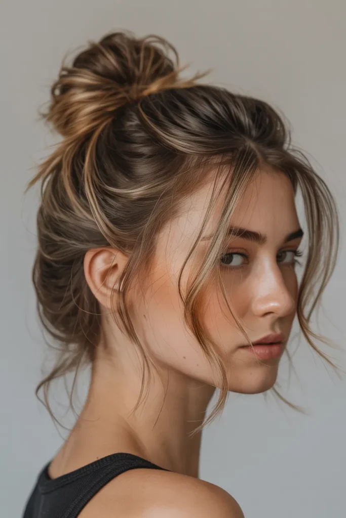 Messy Bun with Face-Framing Strands