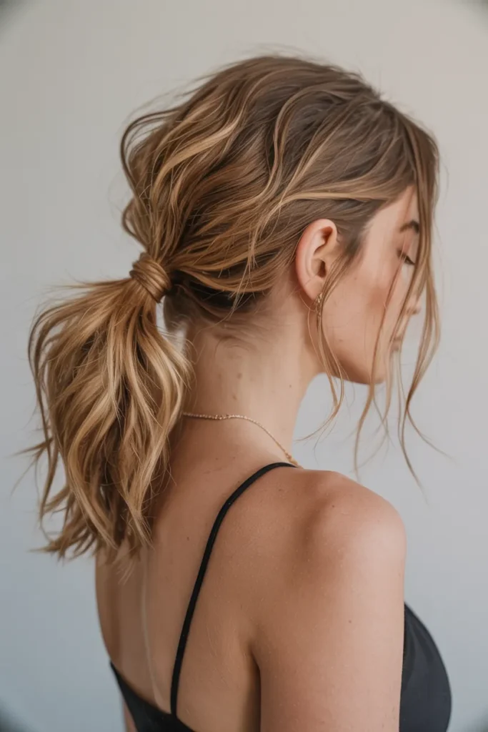 Messy Low Ponytail with Loose Strands