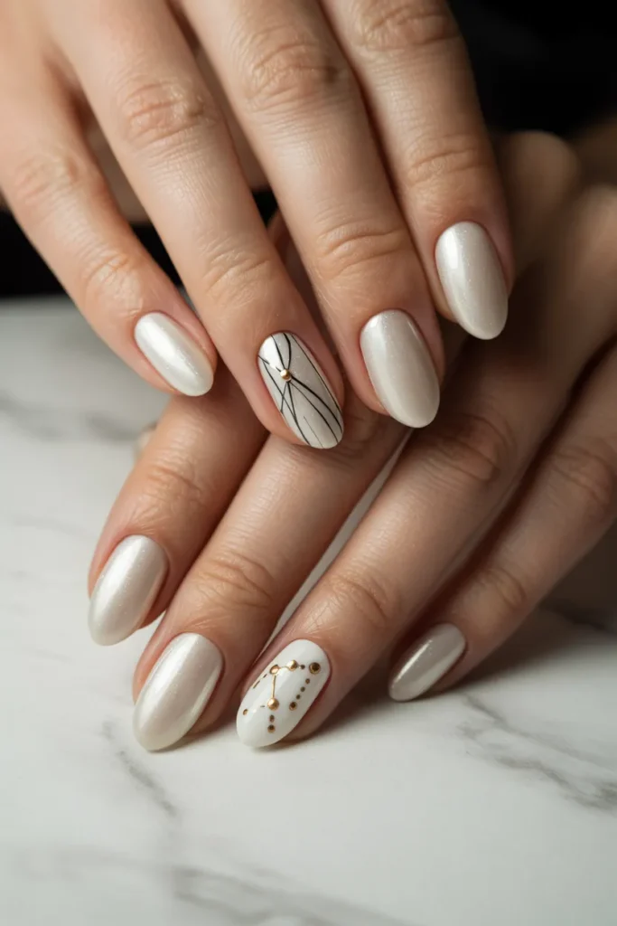 Milky White Almond Nails With Minimal Art