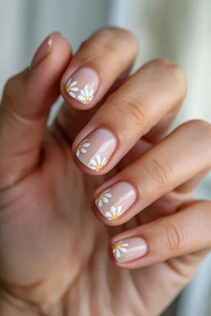 Minimal Daisy Art on Nude Short Nails