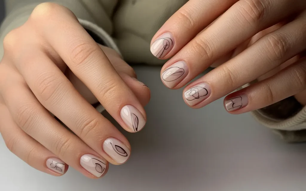 Minimal Line Art on Nude Nails,
