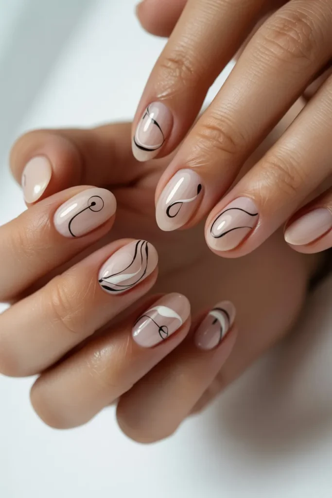 Minimal Line Art on Nude Nails