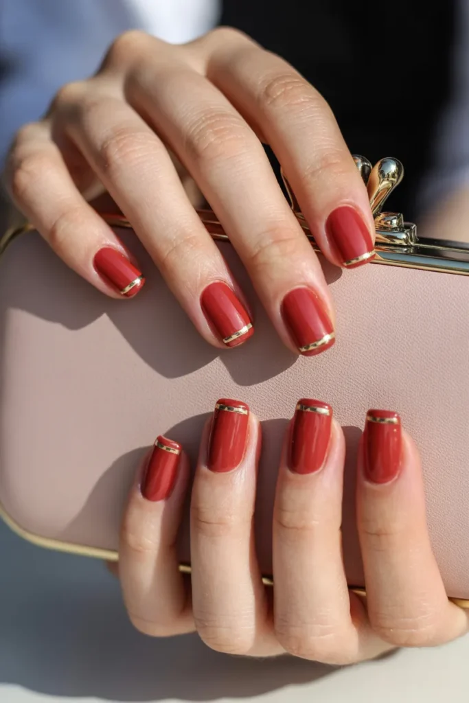 Minimalist Red Nails with Subtle Gold Detailing