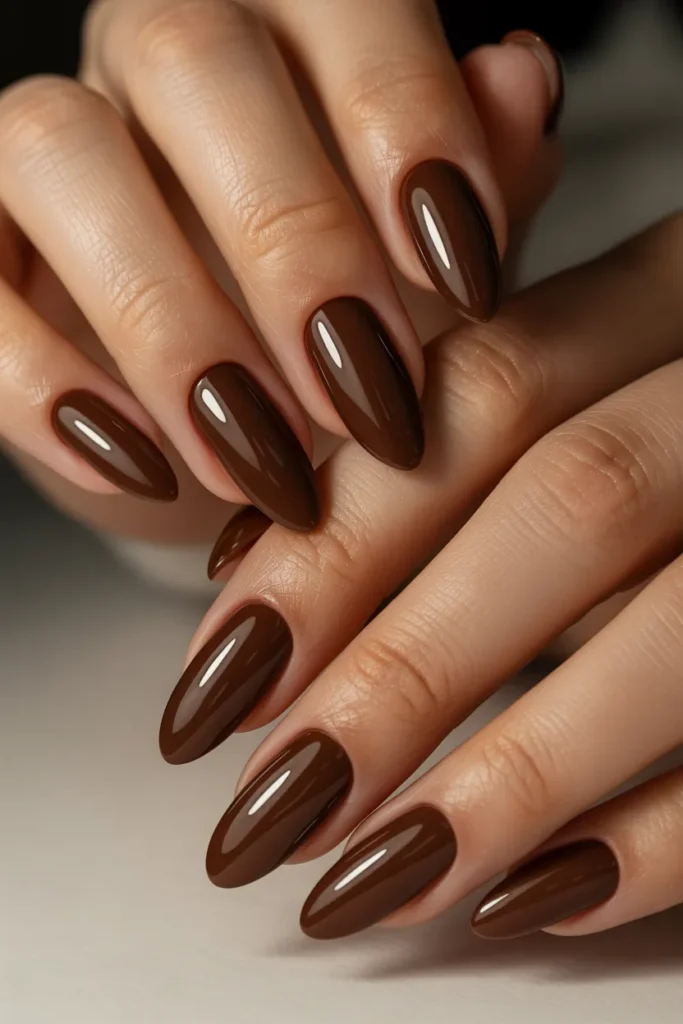 Mocha Brown Almond Nails With Glossy Finish