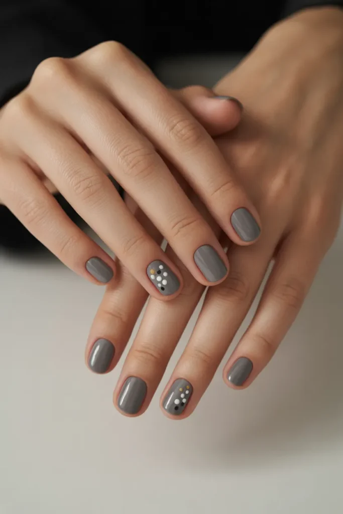Muted Grey Nails With Minimal Dots
