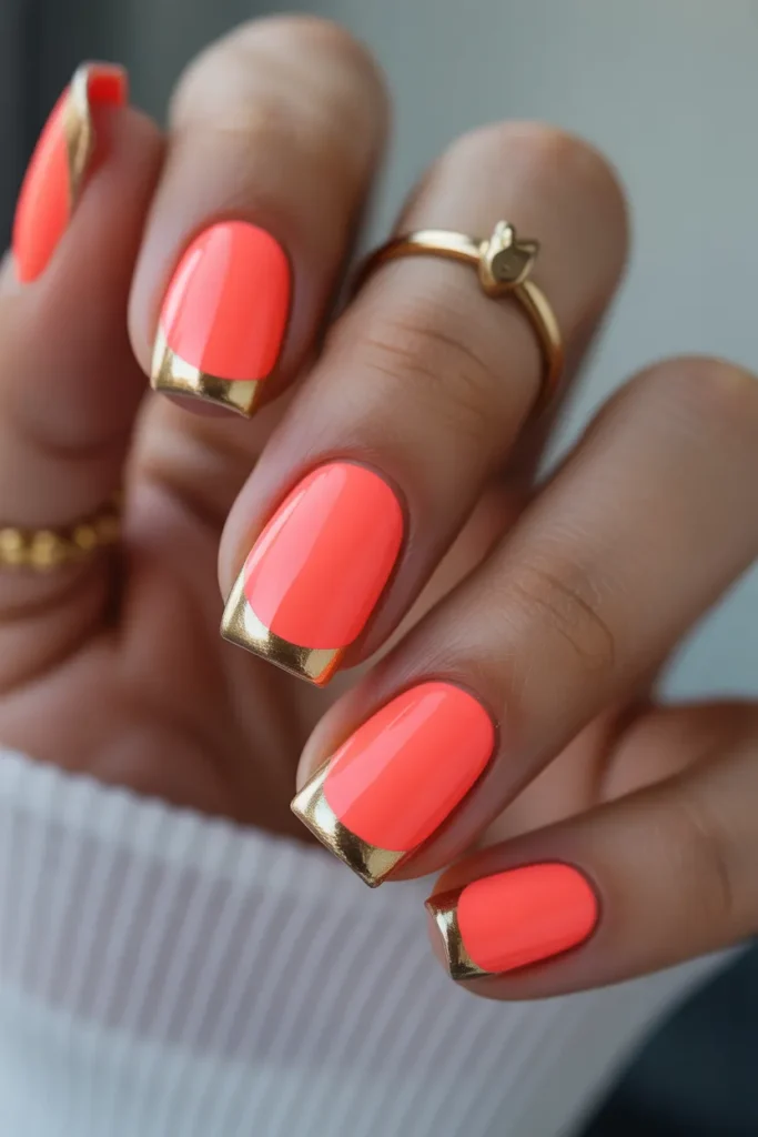 Neon Coral Square Nails with Gold Foil Tips