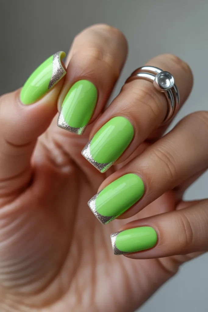 Neon Green Square Nails with Silver Glitter Tips