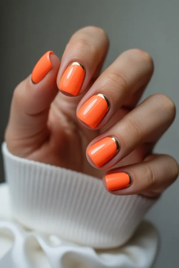 Neon Orange Square Nails with Minimal Gold Accents