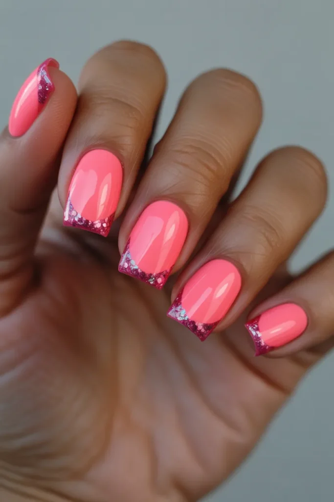 Neon Pink Square Nails with Glitter Tips