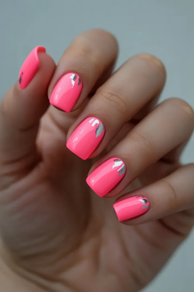 Neon Pink Square Nails with Silver Foil Accents
