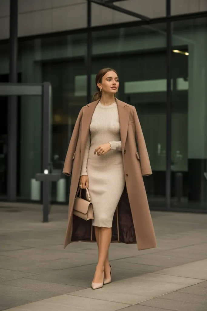 Neutral Knit Dress with Structured Coat