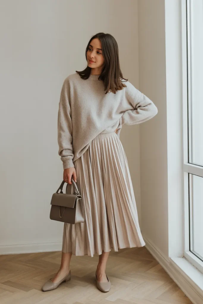 Neutral Sweater with Midi Skirt