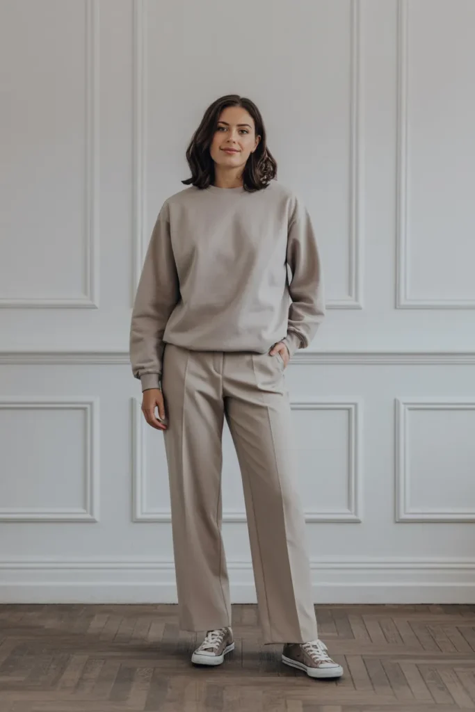 Neutral Sweatshirt with Straight-Leg Trousers