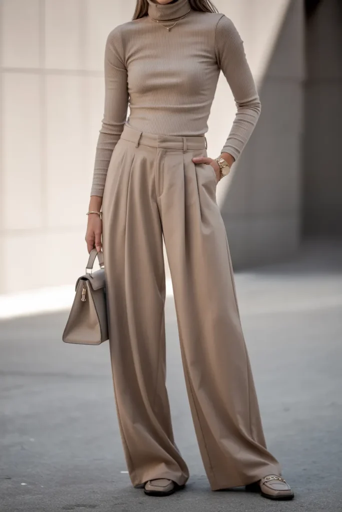 Neutral Turtleneck with Wide-Leg Pants