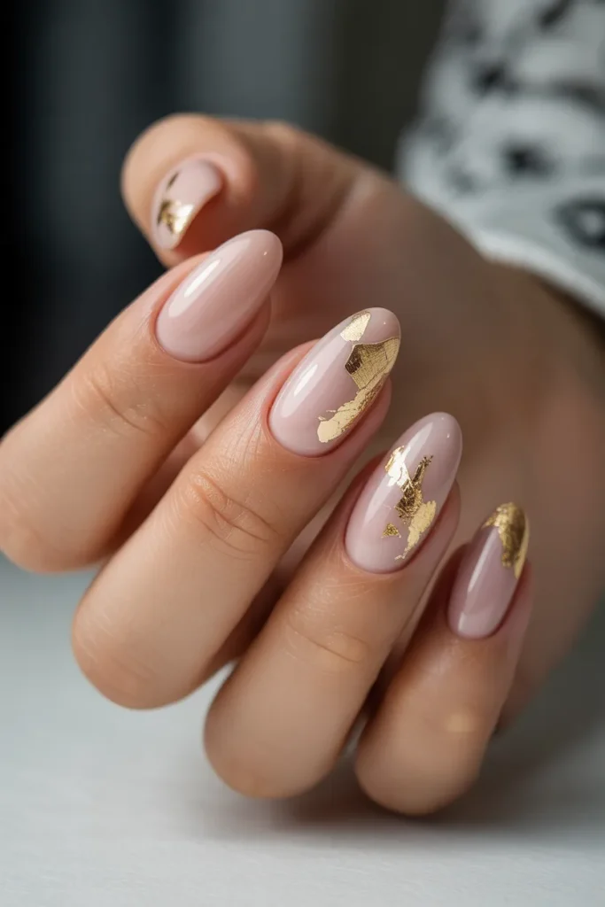 Nude Acrylic Nails with Gold Foil Accents
