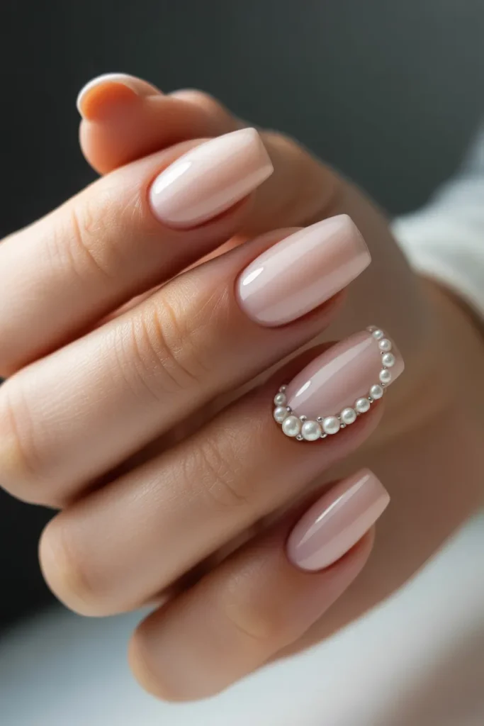 Nude Acrylic Nails with Pearl Accents