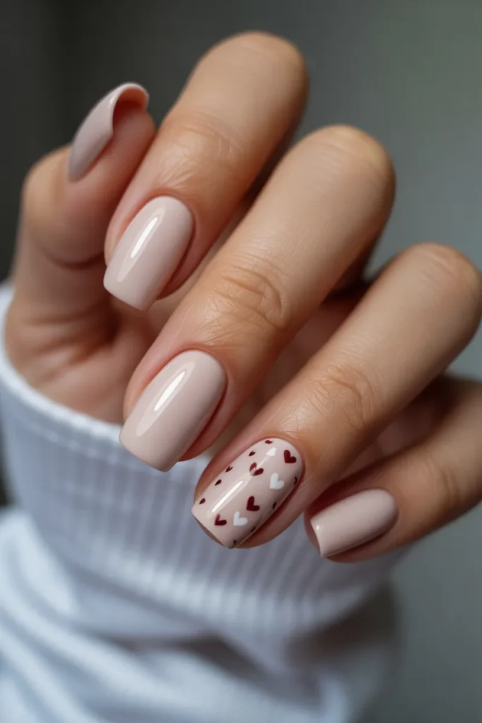Nude Acrylic Nails with Tiny Heart Accents