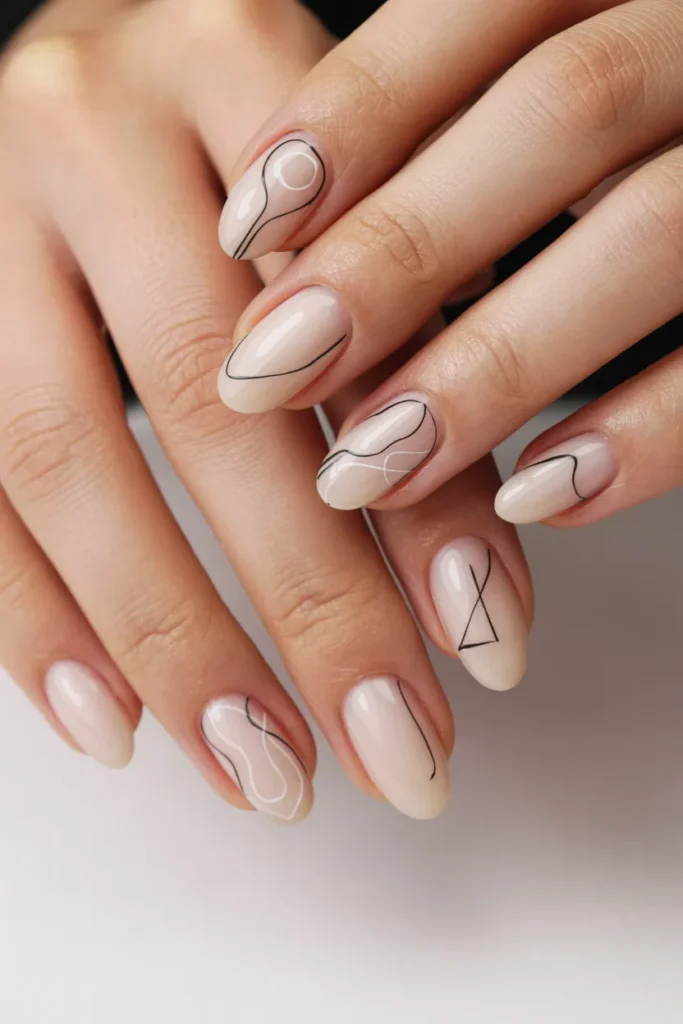 Nude Almond Nails With Minimal Line Art